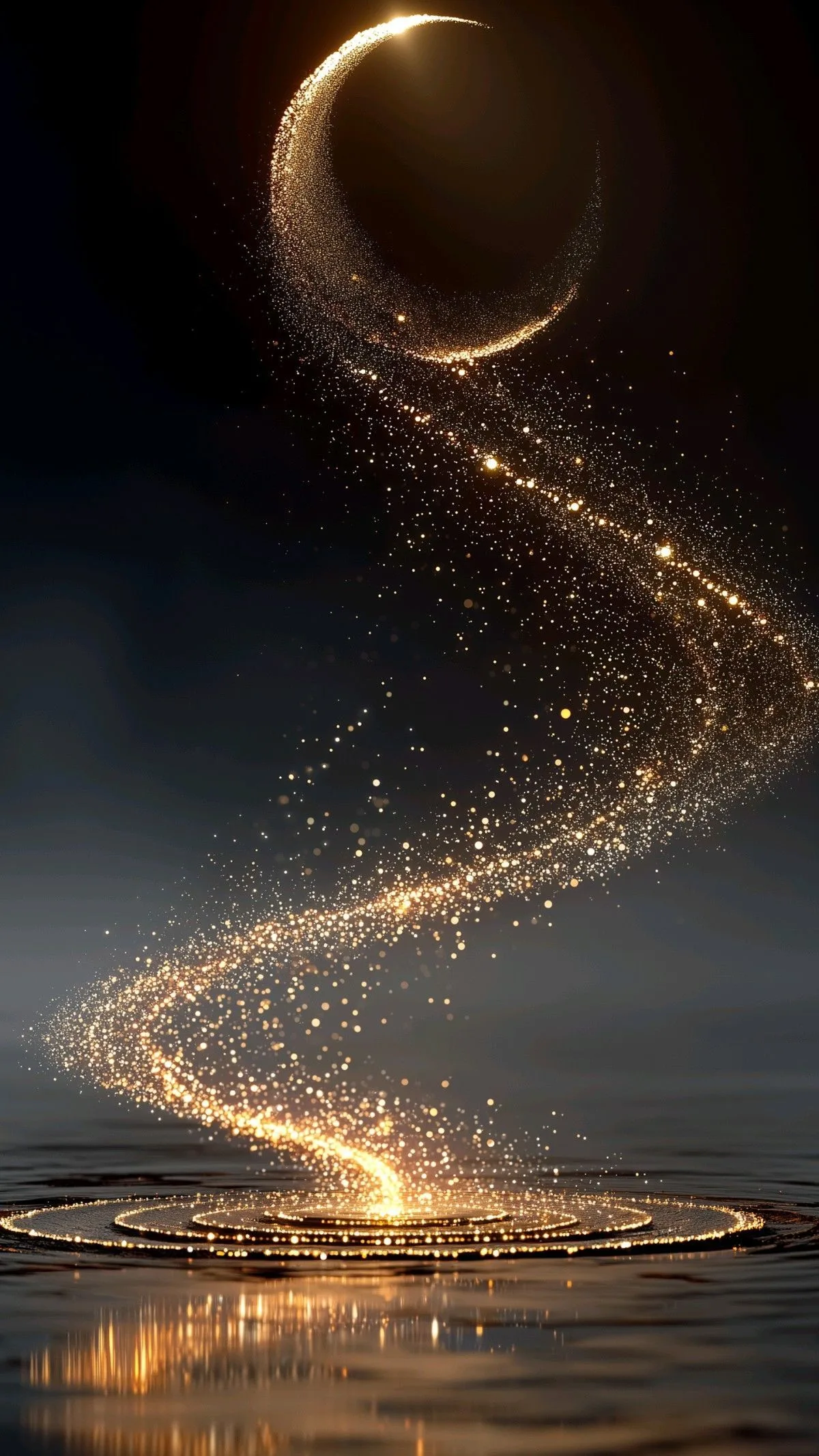 A spiral of golden light rising from still water toward a crescent moon