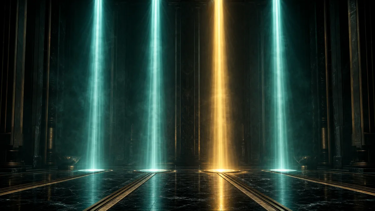 Four shafts of light falling into a dark hall, three cold teal and one warm gold