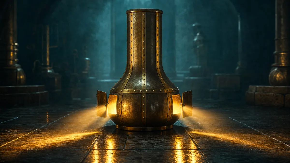 Brass vessel with open apertures releasing defined gold light shafts across obsidian