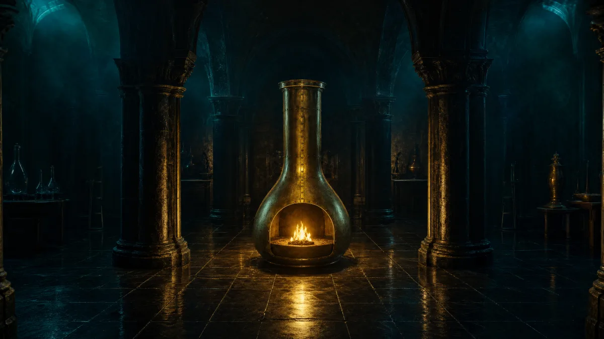 Open brass forge with the same steady gold fire lighting the whole obsidian chamber