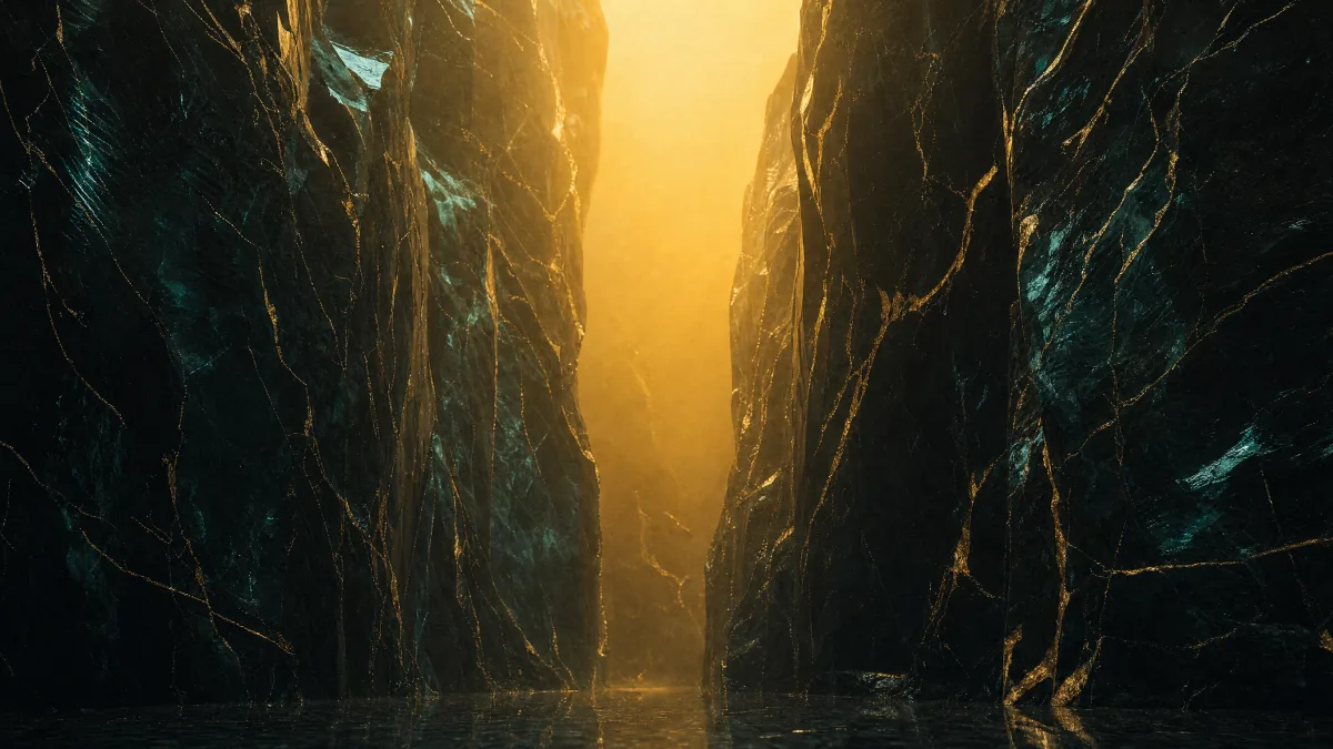 Warm diffused light filling the full height of an obsidian column