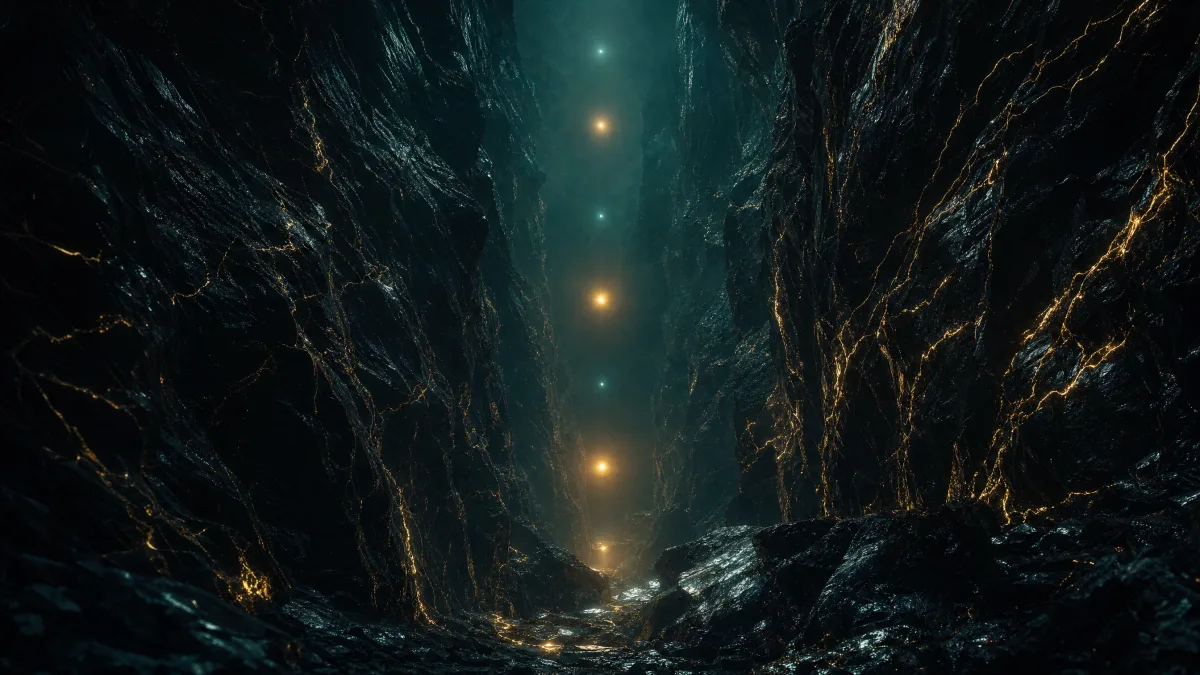 Seven light points ascending a dark vertical axis, three of them dimmed