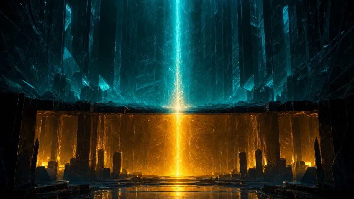Continuous column of gold and teal light joining both layers in one circuit