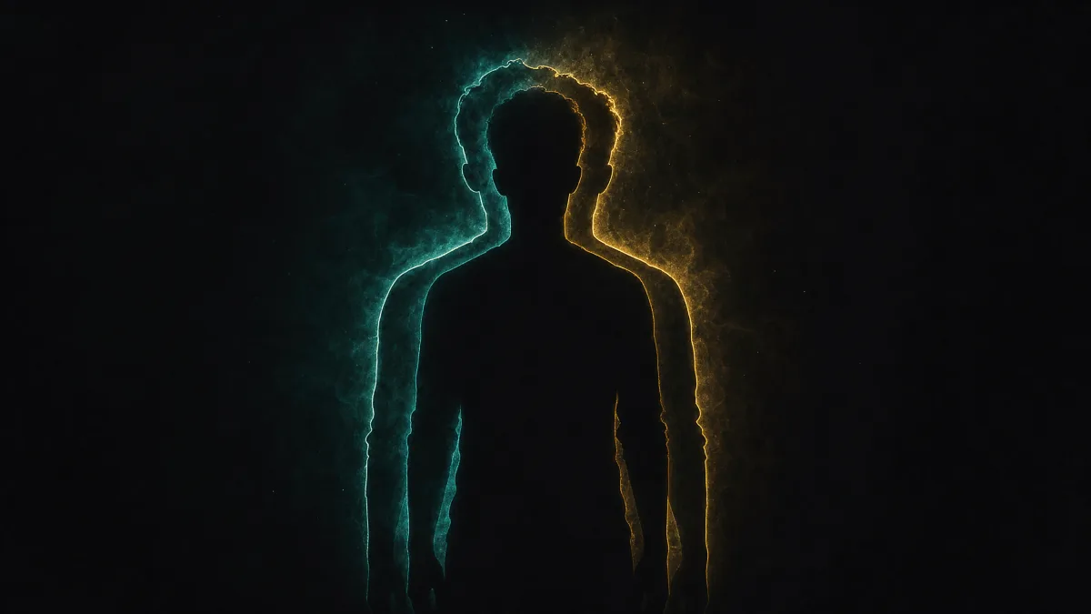 Two overlapping silhouettes misaligned in teal and gold light against obsidian