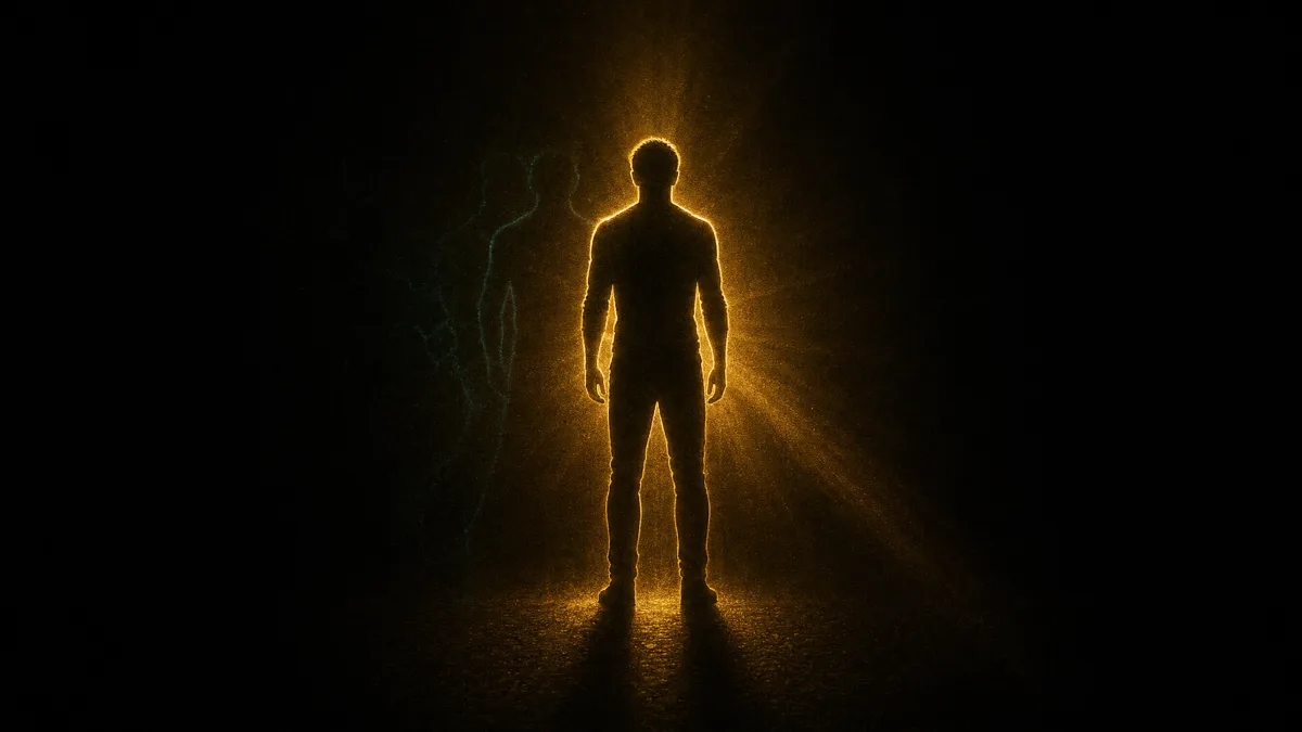 Single aligned silhouette in warm gold light with a faded teal double behind it