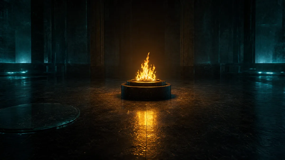 Contained gold flame burning on a plinth beside a discarded smoked plate