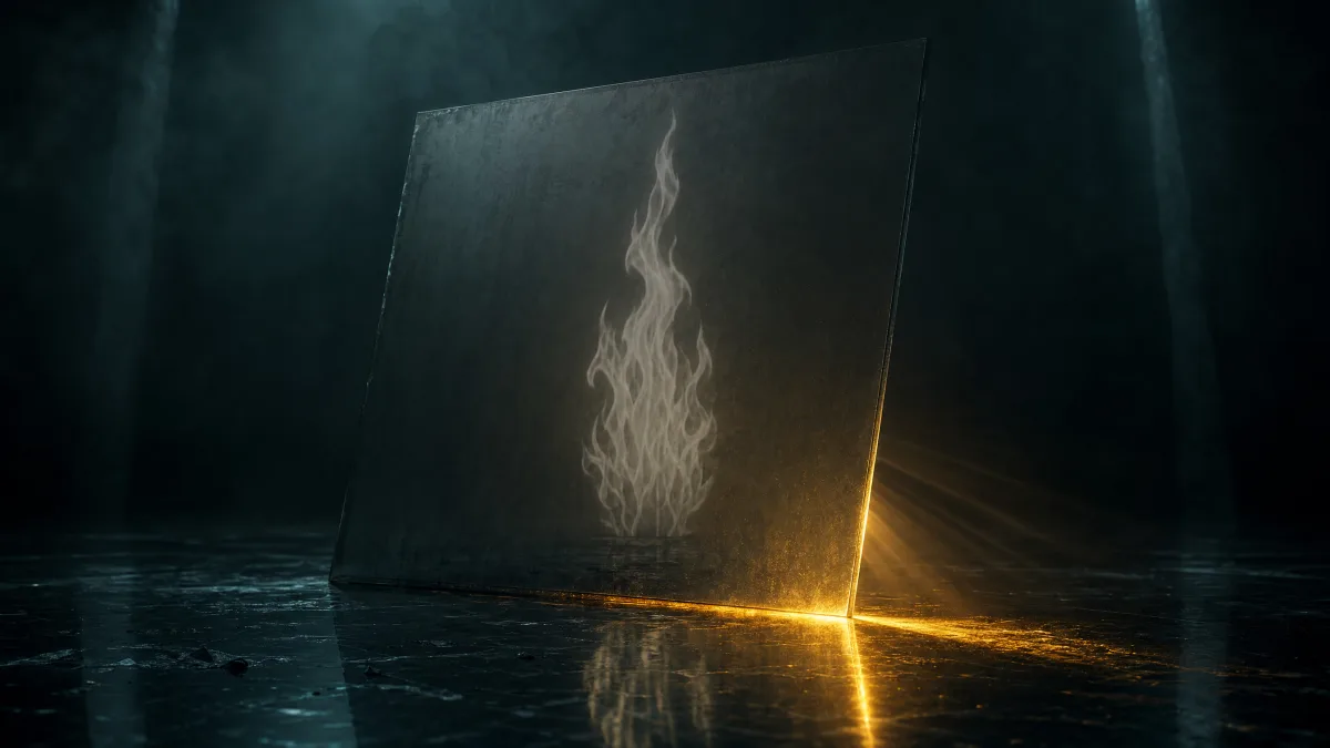 Smoked plate tilting aside as unfiltered gold light escapes along one seam