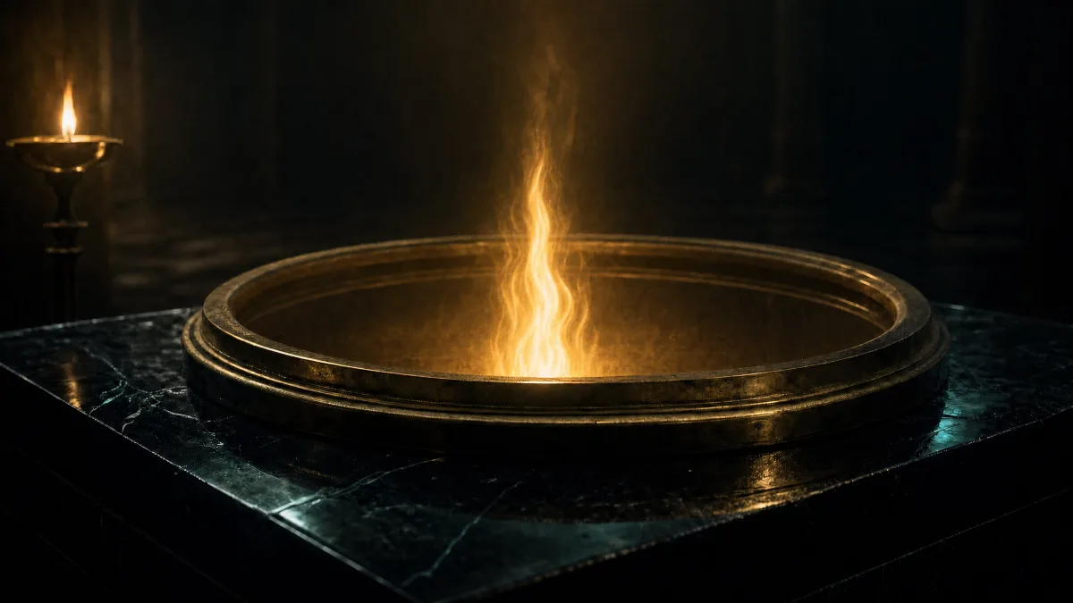 A single steady gold flame burning inside the brass basin, lighting the rim from within