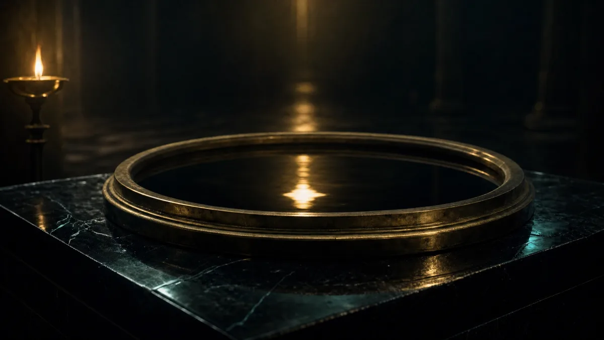 Brass-rimmed basin of dark water reflecting gold, with the real flame visible at the frame's edge