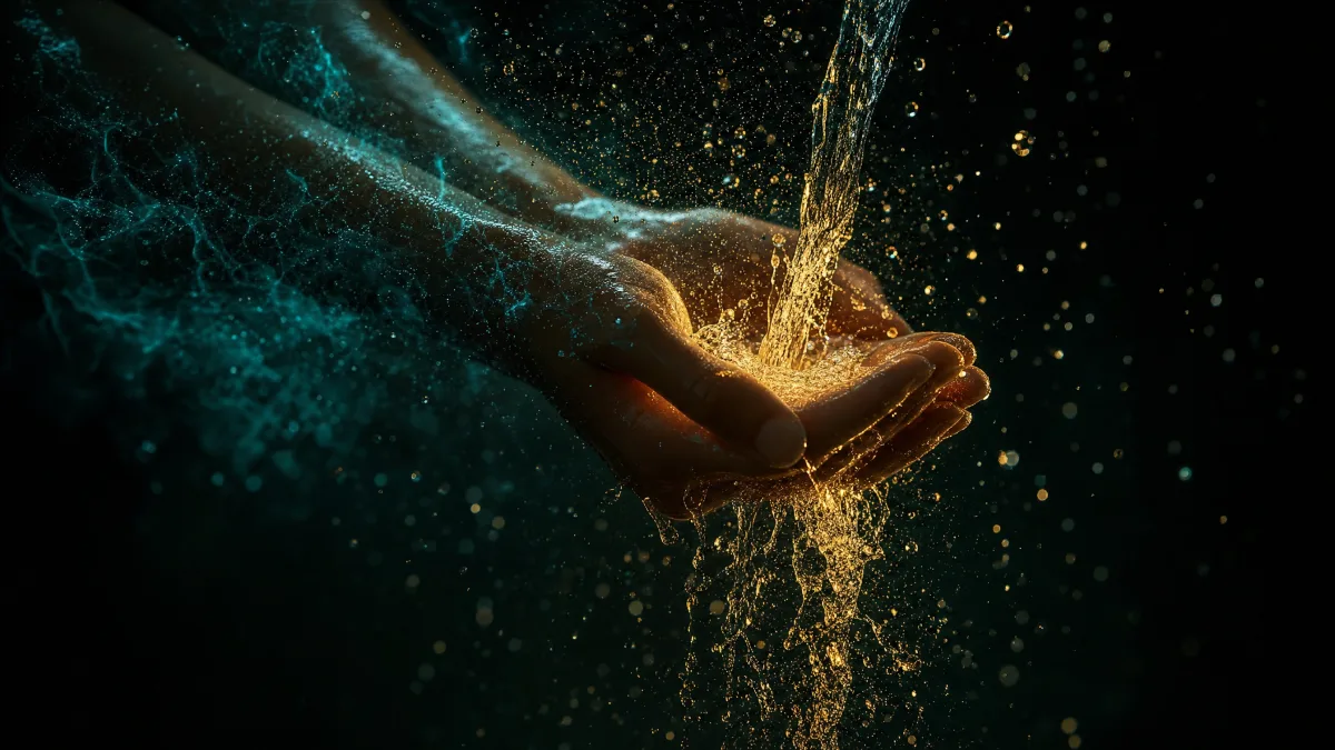 Cold water running over open hands, gold light caught in the stream against obsidian