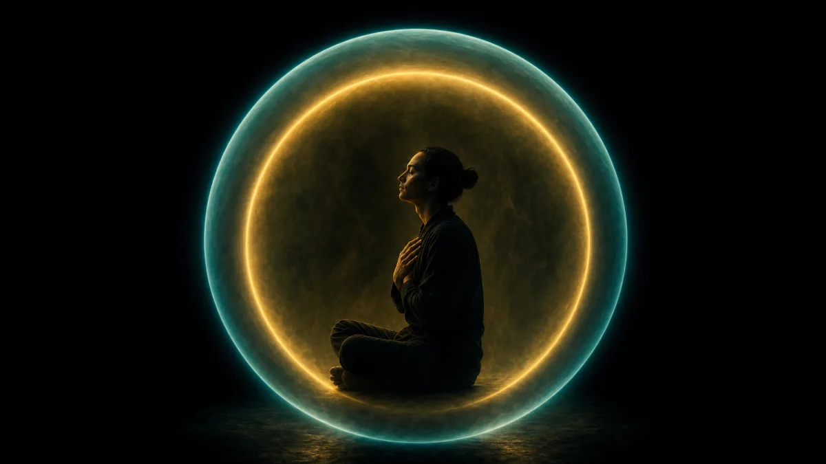 A sealed sphere of teal and gold light around a seated figure in obsidian dark