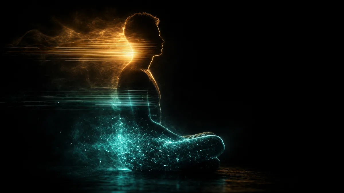 Three bands of teal and gold light across a silhouette, moving from scattered to gathered