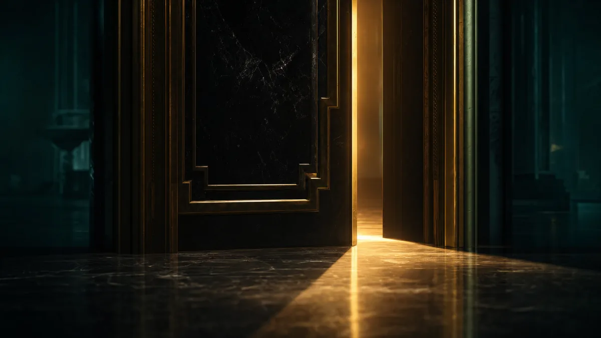 Obsidian door held open at a deliberate angle, gold light crossing the threshold outward across the floor