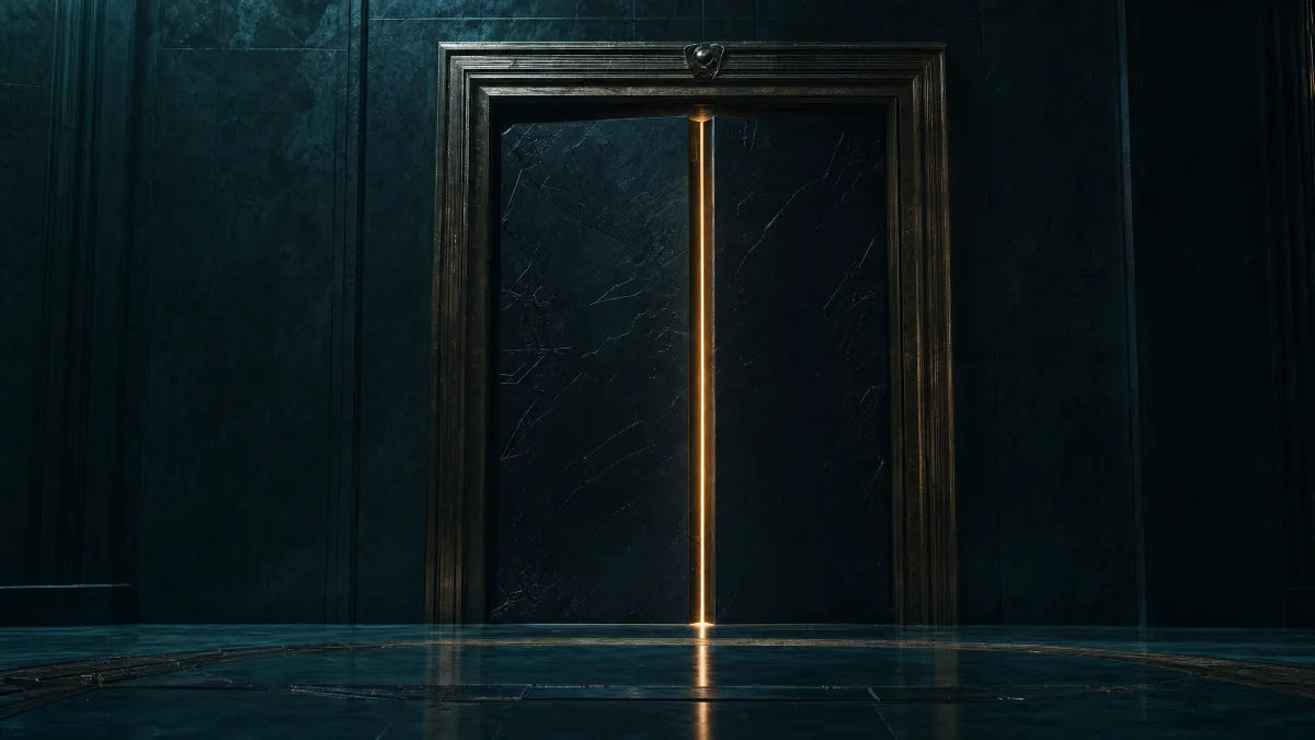 Obsidian double door nearly closed, a single narrow gold seam of light contained along its edge