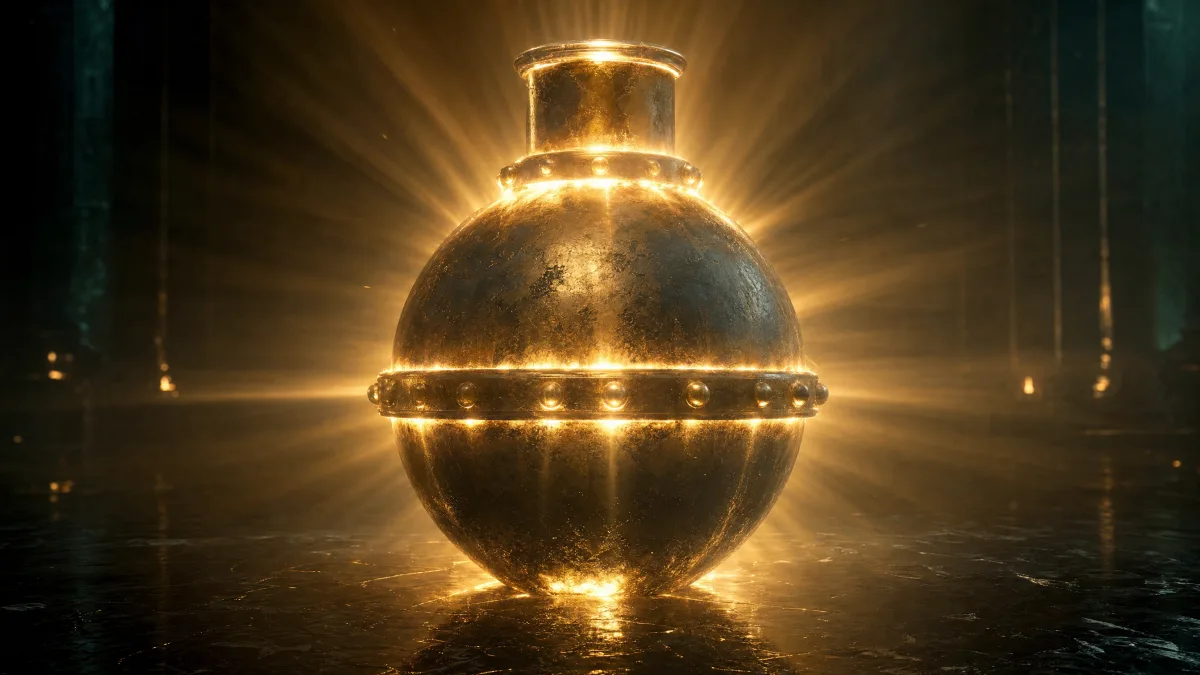 Same sealed vessel with white-gold fire pressing outward against its seams