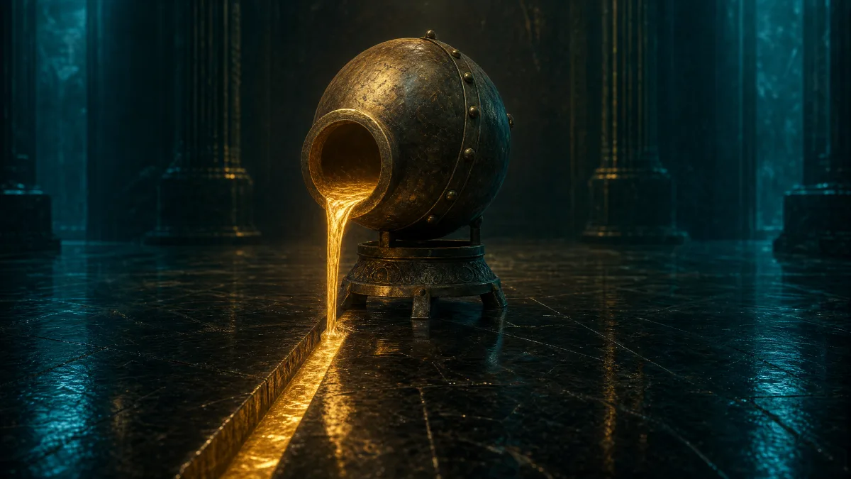 Opened brass vessel pouring molten gold into one narrow channel below