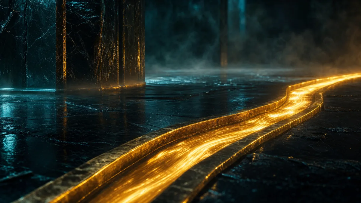 Brass-lined channel cut into obsidian carrying gold light out of frame with clear direction