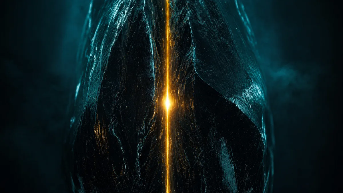 Two obsidian masses meeting along a seam with gold light compressed and held between them