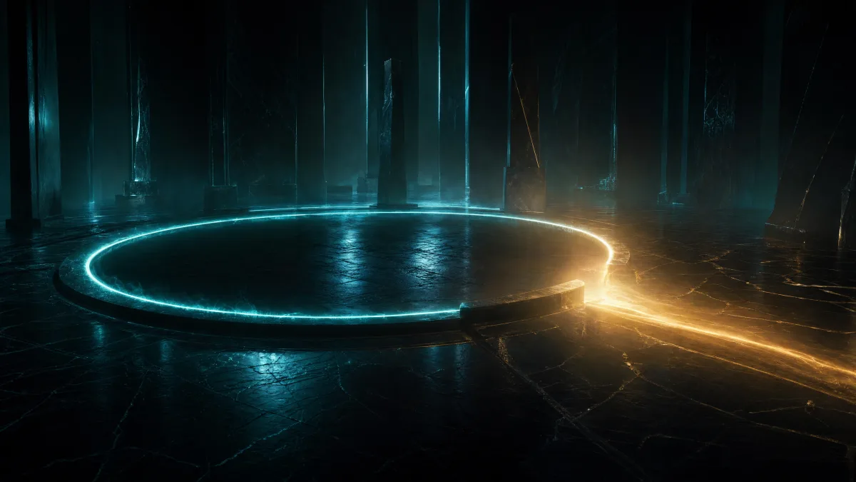 A ring of teal light broken open at one point with warm gold light escaping the gap