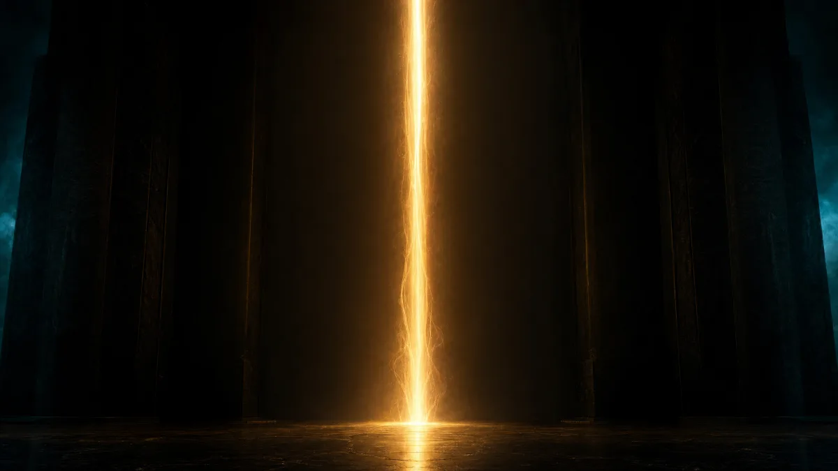 A single stream of warm gold light rising freely through darkness with no ring remaining