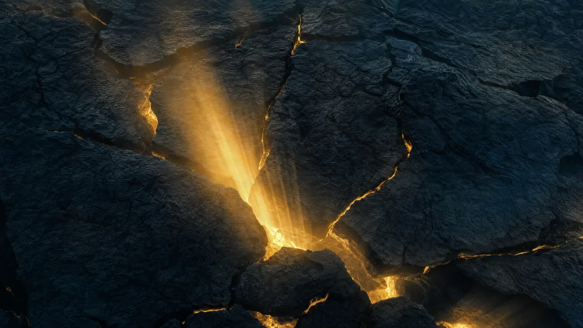 Molten light glowing through deep fissures in cracked black volcanic rock