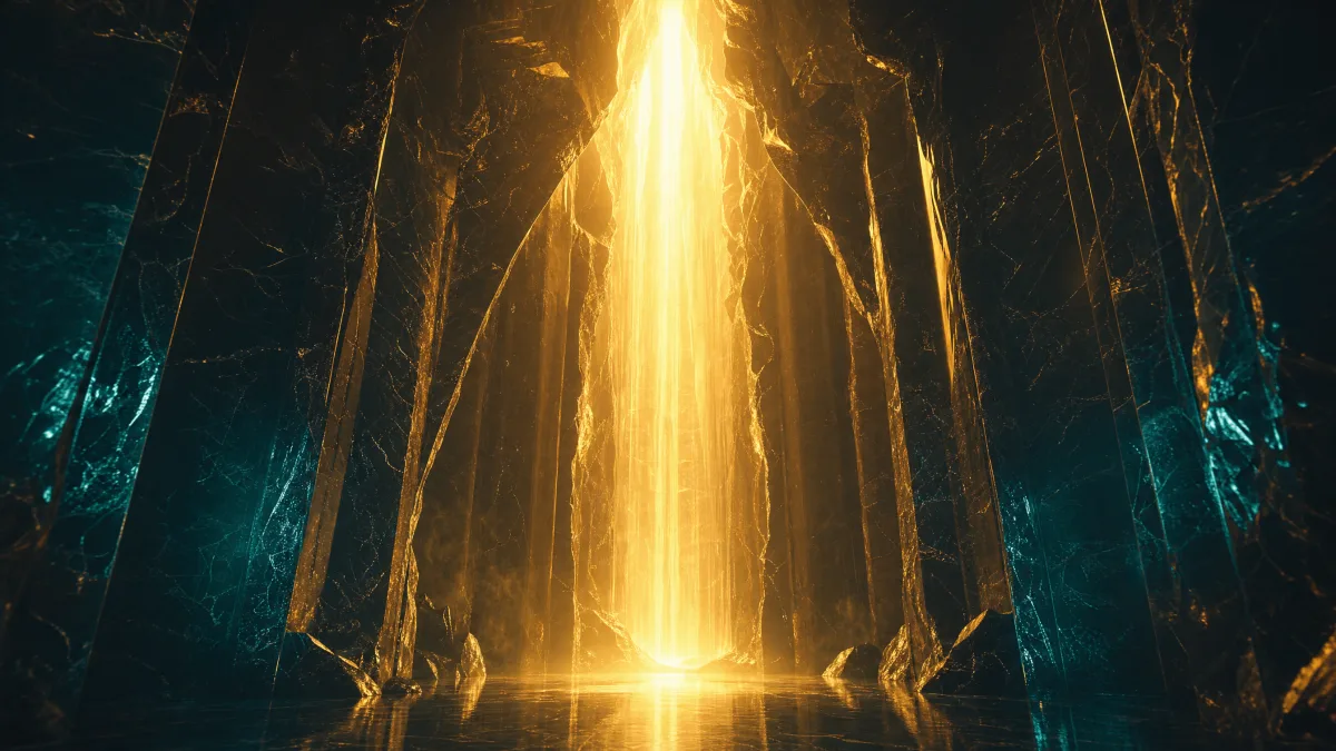 Gold light rising freely through the opened obsidian column and continuing past the frame